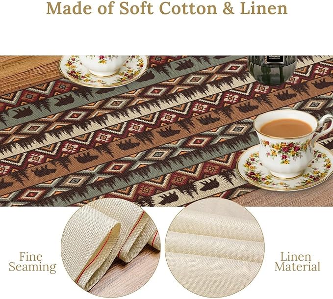 Retro Cabin Table Runner Rustic Bear Forest Farmhouse Lodge Jungle Table Runner for Dinner Party Living Room Kitchen Aztec Vintage 13x36 Inch