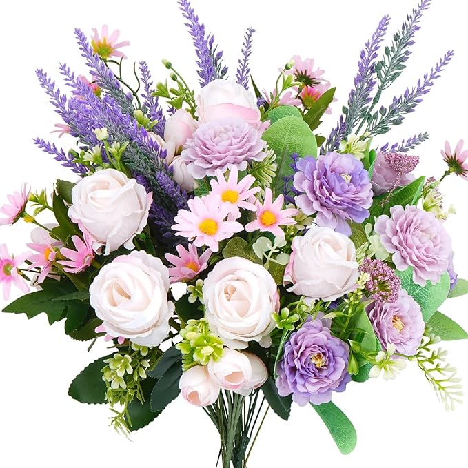 Fake Flowers Purple Artificial Silk Flower Bouquet Faux Flowers for Vase with Rose Peony Daisy for Home Wedding Baby Shower Bridal Bouquets Table Centerpieces Party Fathers Day Decorations