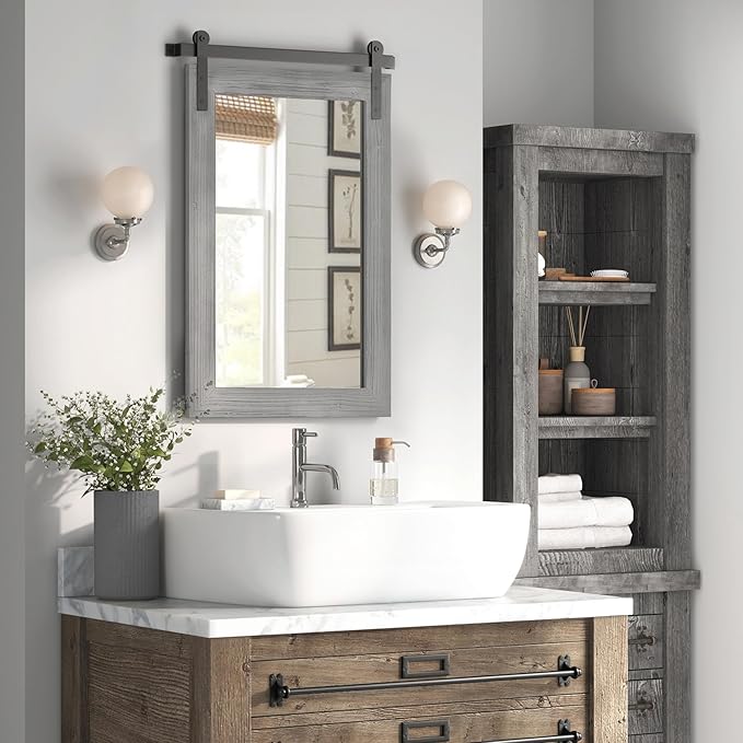 COGOOD Farmhouse Bathroom Mirror - 42 x 29 Rustic Barn Door Style Mirror for Living Room, Entryway, Vanity Wall Decor (Grey)