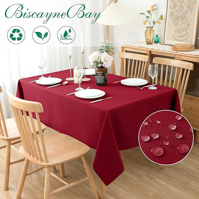 Biscaynebay Textured Fabric Christmas Rectangle Table Cloth 52x70 Inches, Red Water Resistant Spill Proof Tablecloths for Dining, Kitchen, Wedding and Parties, Machine Washable