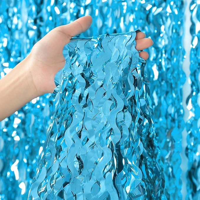3 Pack Blue Wavy Tinsel Foil Fringe Curtain - 6.6 ft x 3.3 ft Foil Backdrop Photo Booth Props for Mermaid Birthday Under The Sea Party,Baby Shark Birthday Decorations