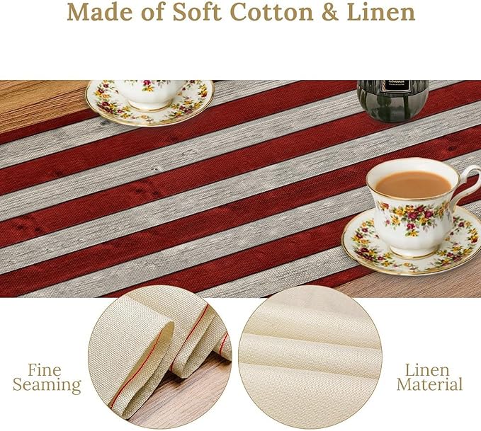 American Flag Table Runner, 4th of July USA Rustic Vintage Wooden Blue Red Stars Stripes Print Table Runner for Farmhouse Kitchen Dining Table Decor, 13x70inch