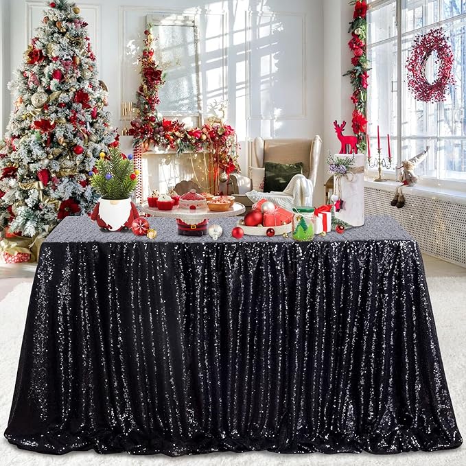 QueenDream Seamless Sequin Tablecloth 90x132 Inch Black Rectangular Tablecloth for Christmas Wedding Birthday Halloween