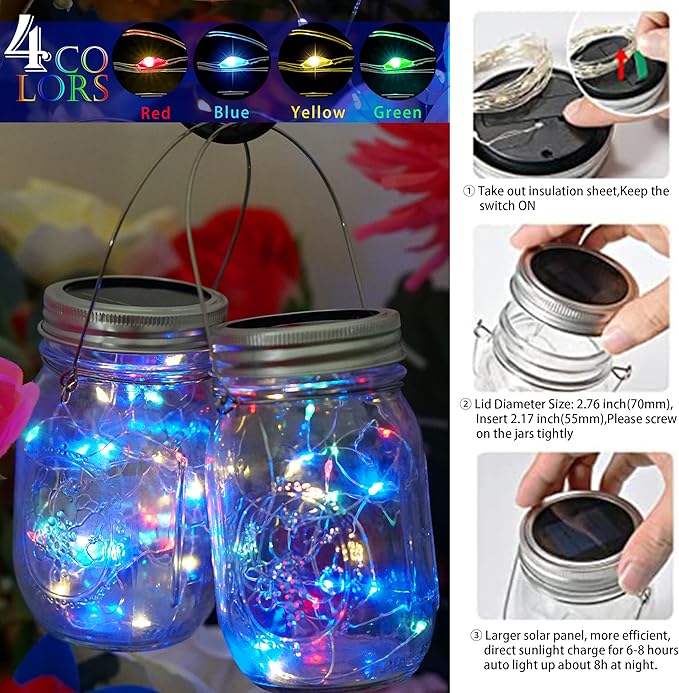 SunKite Solar Mason Jar Lights, 12 Pack 30 LED Waterproof Fairy Firefly Jar Lids String Lights with Hangers(NO Jars), Patio Yard Garden Wedding Decoration - Multicolored2