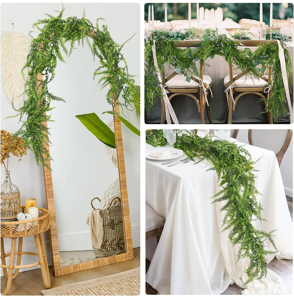 recutms 4pc artificial boston ferns garland 5.8ft green, close-up detail