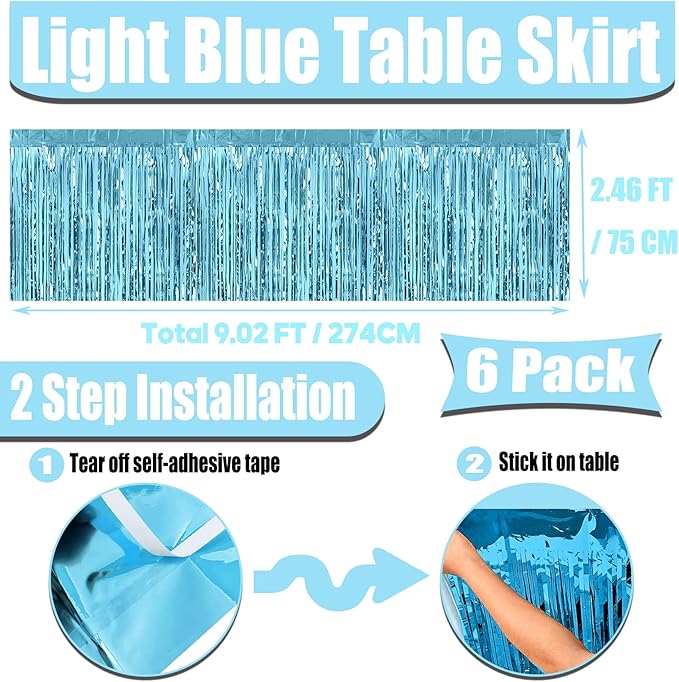 6 Pack 29x108 Inch Metallic Foil Fringe Tinsel Table Skirts Banner for Rectangle Tables Streamer Garland Backdrop for Wedding, Birthday, Parade Floats, Halloween Party Decoration(Light Blue)
