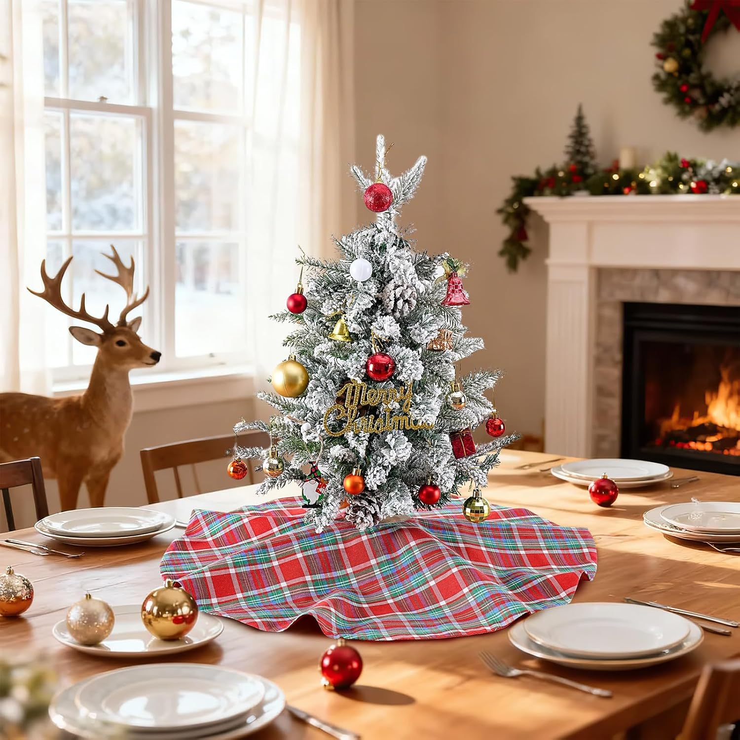 Buffalo Plaid Tree Skirt Cotton Linen Fabric Christmas Tree Skirt Mini 24 Inch for Xmas Holiday Check Tree Skirts Decorations (Red Blue Green)