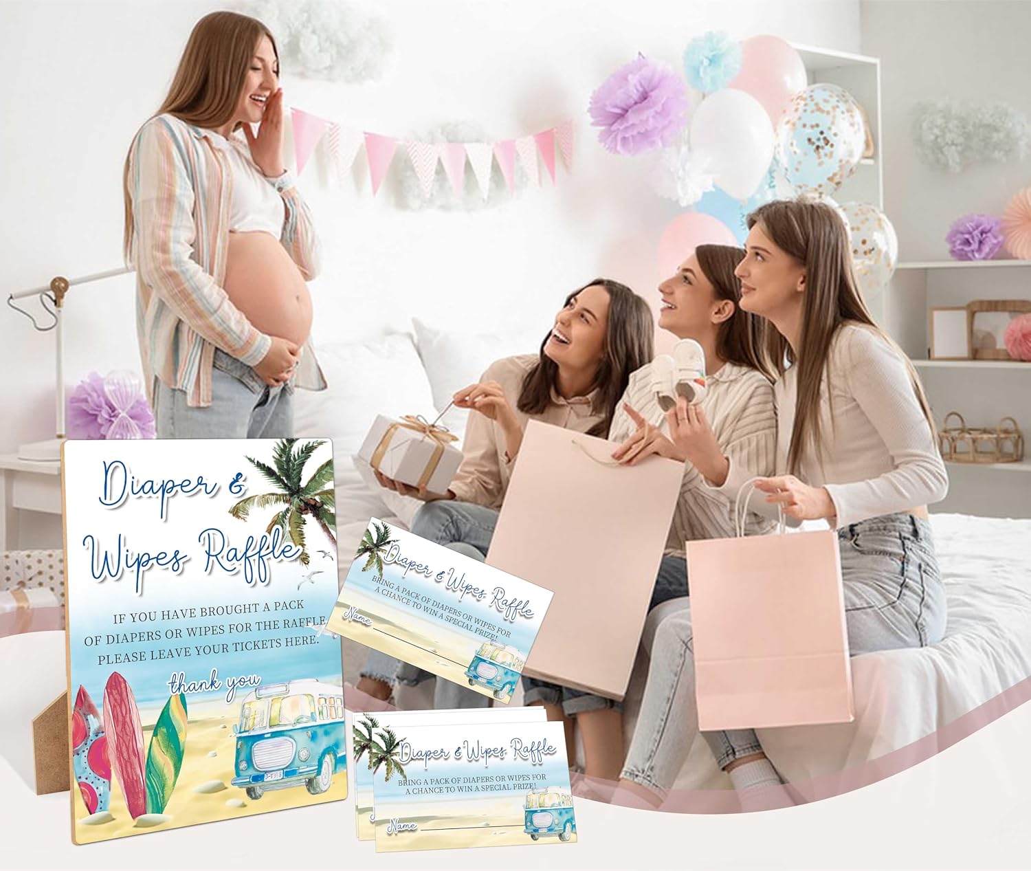 Diapers Wipes Raffle, Summer Beach Surf Diaper Raffle Tickets for Baby Shower, 1 Wooden Sign with 50 Diaper Raffle Cards, Game Activity for Baby Shower, Gender Reveal Party Favors Decorations