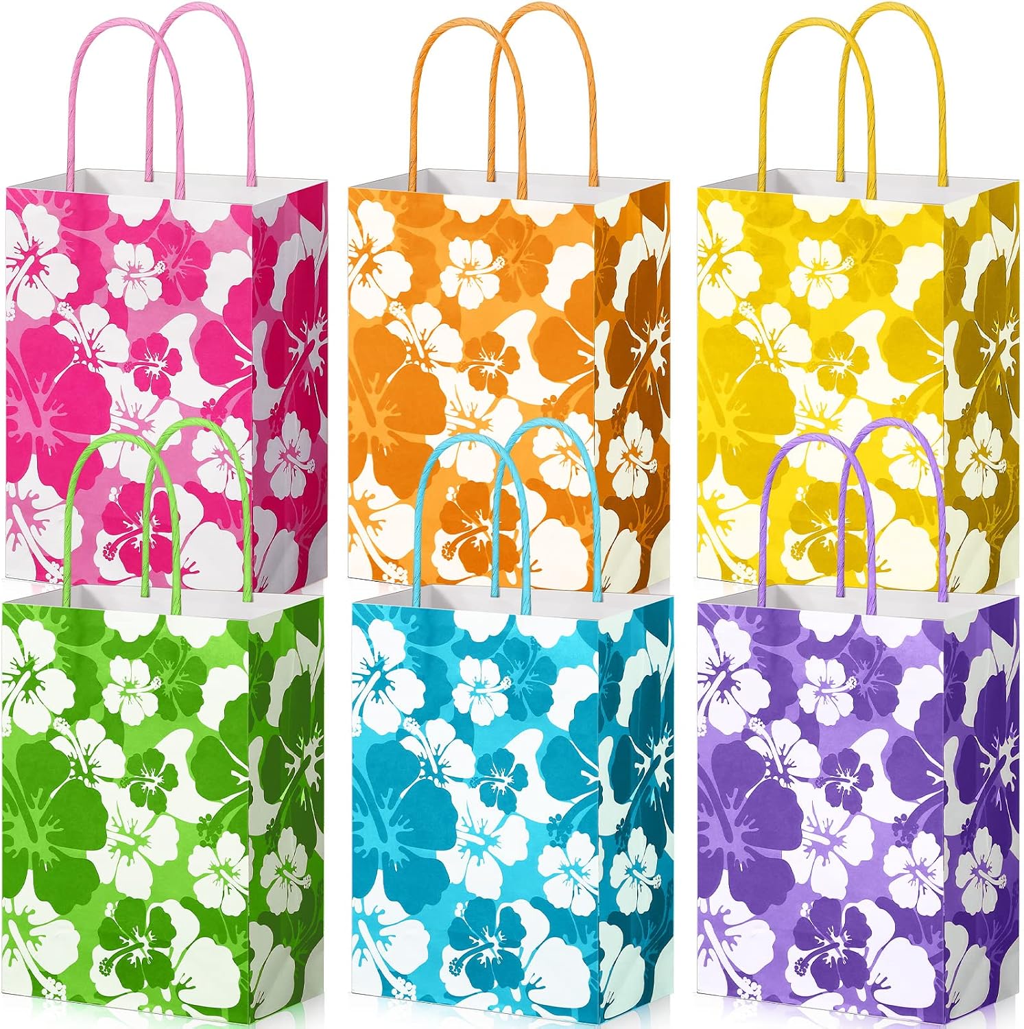 Teling 36 Pcs Hibiscus Party Favor Hawaiian Themed Paper Bags with Handles Summer Tropical Gift Tiki Luau Treat Hawaii Goodie Bags Kids Birthday Party Supplies Multicolor 8.3 x 6 x 3