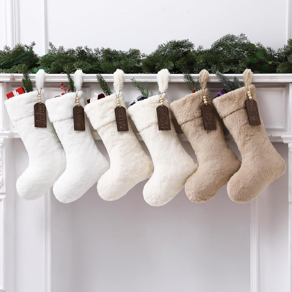 Shinymoon 6 Pcs 18 Inch Neutral Plush Faux Fur Christmas Stocking with Wooden Name Tags, Personalized Luxury Thick Fuzzy Xmas Stocking for Fireplace Mantel Stair Railings Holiday Party Decor