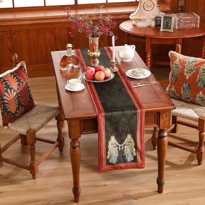 patdrea Designer Mysterious Oil Painting Figures Velvet Table Runner, Brown Green with Palm Frond Pattern Table Mat, Decoration for Kitchen Dining Coffee Table Cabinet Banquet Thanksgiving,12"*102"