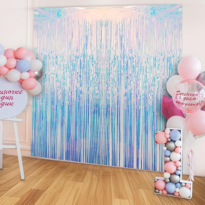 2 Pack Fringe Curtains Party Decorations,Tinsel Backdrop Curtains for Parties,Photo Booth Wedding Graduations Birthday Mermaid Frozen Sea Party Supplies (Iridescent)