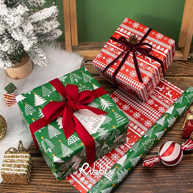 Ribbli Christmas Wrapping Paper Reversible Green Christmas Tree and Red Reindeer Gift Wrapping Paper Rolls Holiday Presents Decoration-17 Inch x 33 Feet