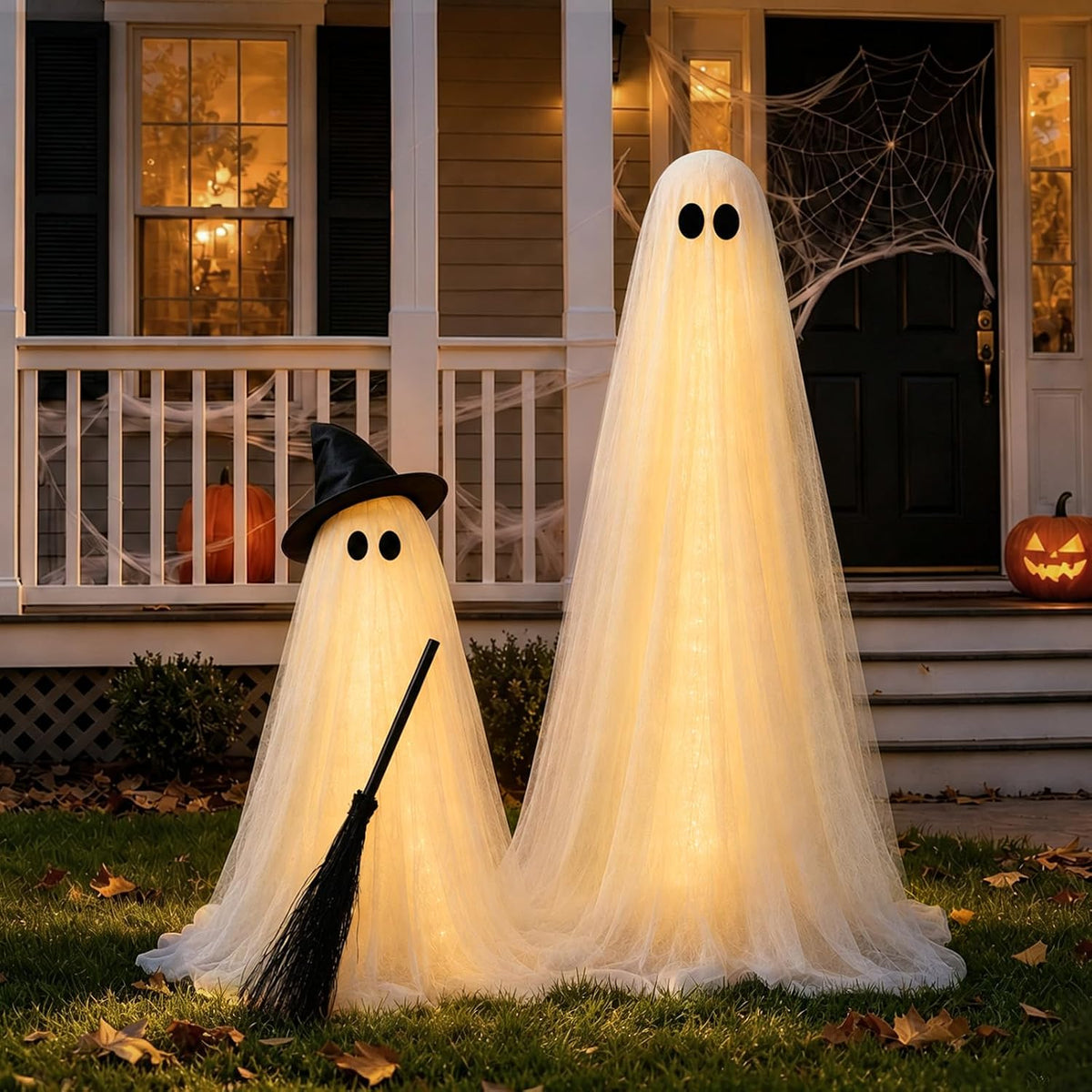 Halloween Decorations Outdoor, 2 Packs Light-Up Spooky Ghost Witch Broom