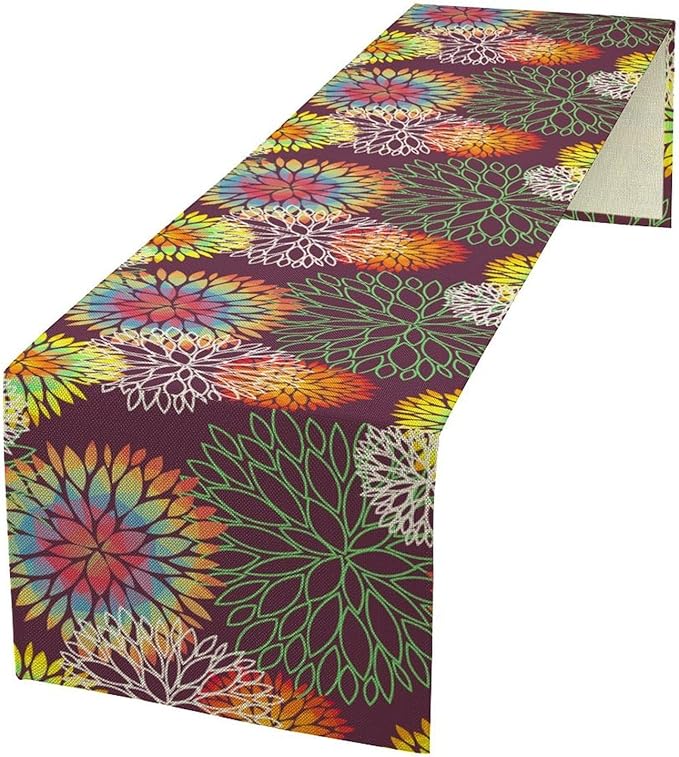 Brown Dahlia Flower Table Runner, Linen Geometric Pattern Floral Table Decor Spring Farmhouse Decorations for Kitchen Dining Holiday Party Decor, 13x60 Inch