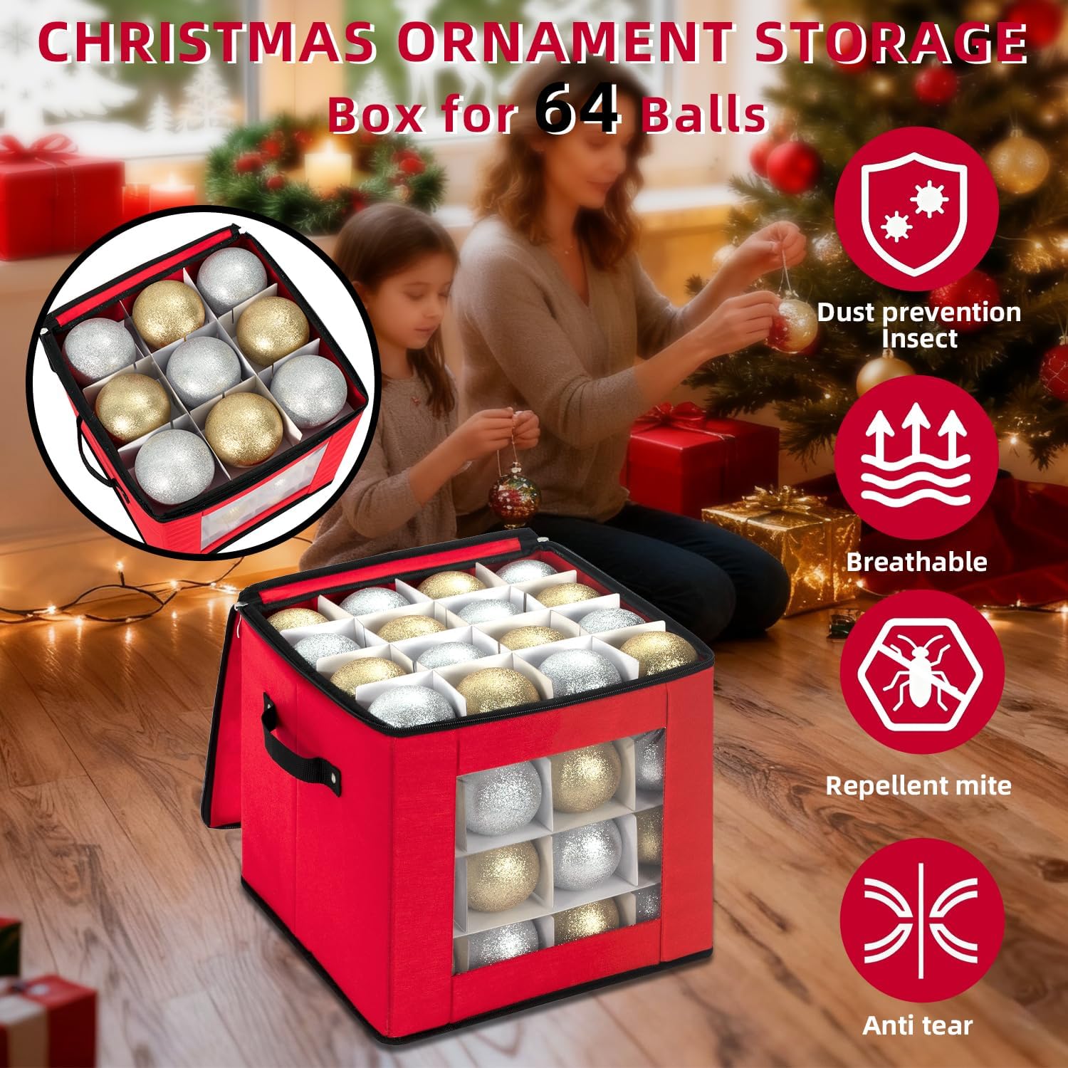 DIMESHY Christmas Ornament Storage Box With Adjustable Dividers,Ornament Storage Container with Two Handles for 64Holiday Decorations,Red