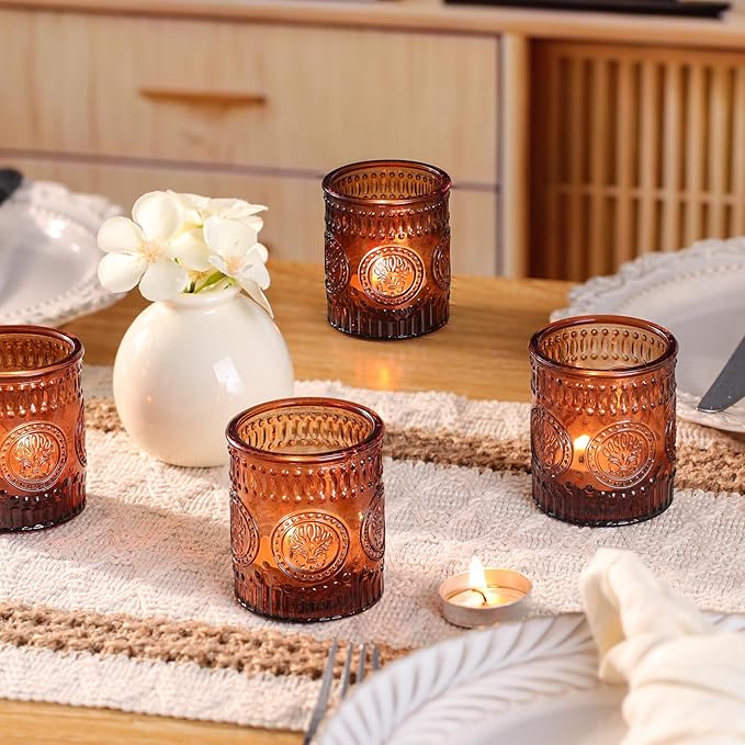24 Pcs Amber Votive Candle Holders, Glass Tealight Candle Holders for Home Decor, Wedding Table Centerpiece, Birdal Shower, Party
