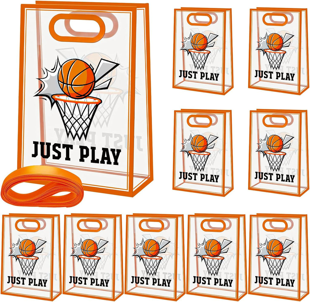 Aliceset 12 Pcs Basketball Clear Goodie Bag with Die Cut Handles and Ribbons Sport Theme Party Favor Bags for Basketball Team Snack Wrapping Teamer Gifts Birthday Party Treats Supplies, 7x10x3.15 Inch