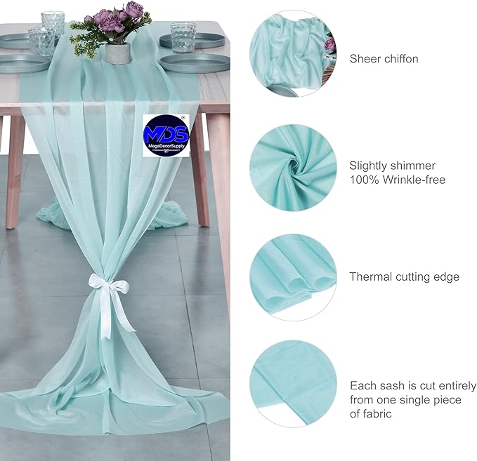 MDS 2 Pack 14ft Chiffon Table Runner 29 x 170 Inches Sheer Wedding Runner Romantic Rustic Table Runner for Wedding Decorations, Birthday Parties, Bridal Shower Party Arch Decor - Teal