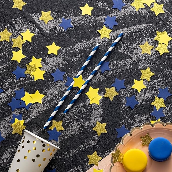 Gold Blue and Yellow Star Confetti Table Decoration for Graduation Birthday Retirement Eid Ramadan Festival Theme Party,1.2 inch in Diameter,200 Counts