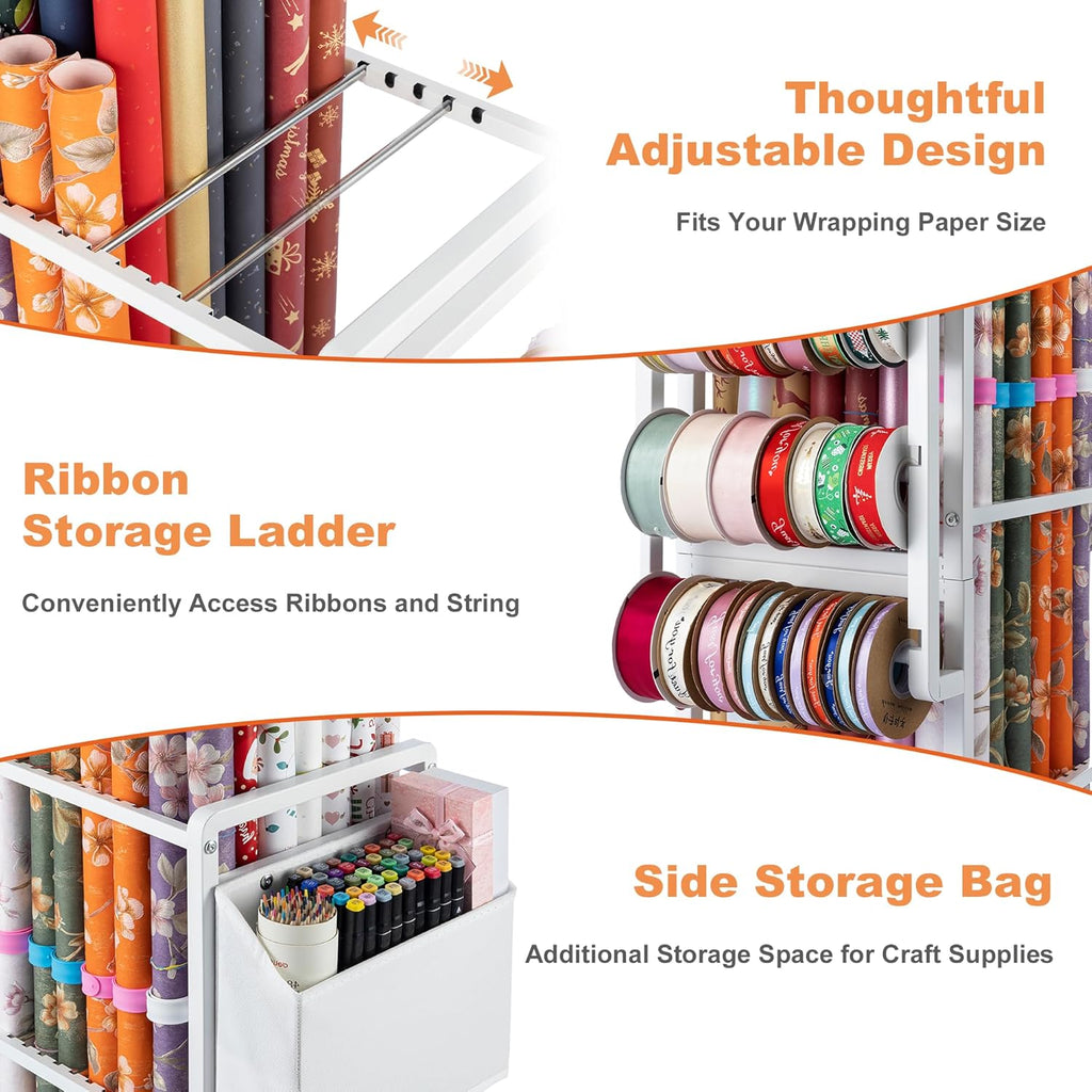 Aquzee Gift Wrapping Paper Organizer Storage, Rolling Gift Wrap Storage Stand, Vertical Wrapping Paper Storage Cart, Ribbon Organizers, 12 PCS Slap Bracelets, Adjustable Rod Design, White
