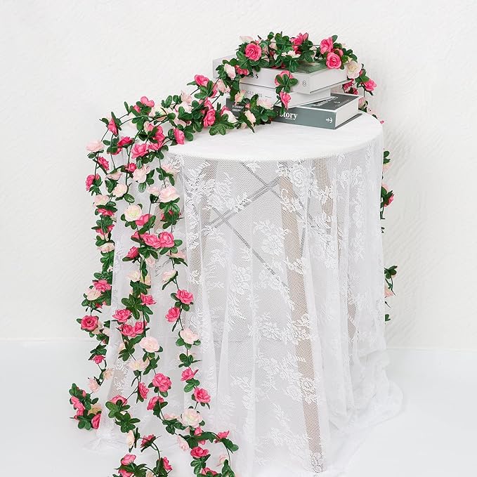 KHOYIME 18 Pack 144 FT Artificial Flower Garland, Fake Pink Roses Vines Silk Flowers Faux Plastic Outdoor Hanging Floral Ivy Garland Decoration for Wedding Arch Bedroom Home Wall Backdrop Room Decor