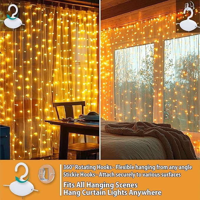 HXWEIYE 300LED Fairy Curtain Lights, 9.8x9.8Ft USB Plug-in 8 Modes Christmas String Hanging Lights with Remote for Bedroom Backdrop Wedding Party Indoor Wall Decor, Warm White(2 Pack)