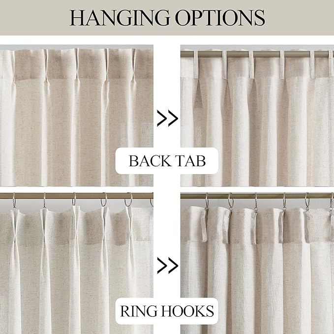 Vision Home Natural Pinch Pleated Semi Sheer Curtains Textured Linen Blended Light Filtering Window Curtains 112 inch for Living Room Bedroom Patio Pinch Pleat Drapes with Hooks 1 Panel 60" Wx112 L