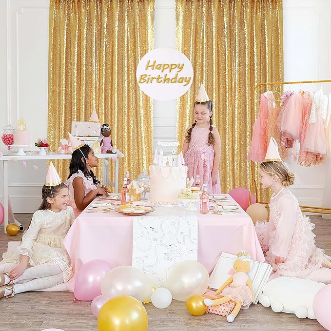 Gold Curtains Backrop for Wedding Parties: 3ftx8ft Gold Sequin Photo Backdrop Drapes for Baby Shower Photography Background - 2 Packs