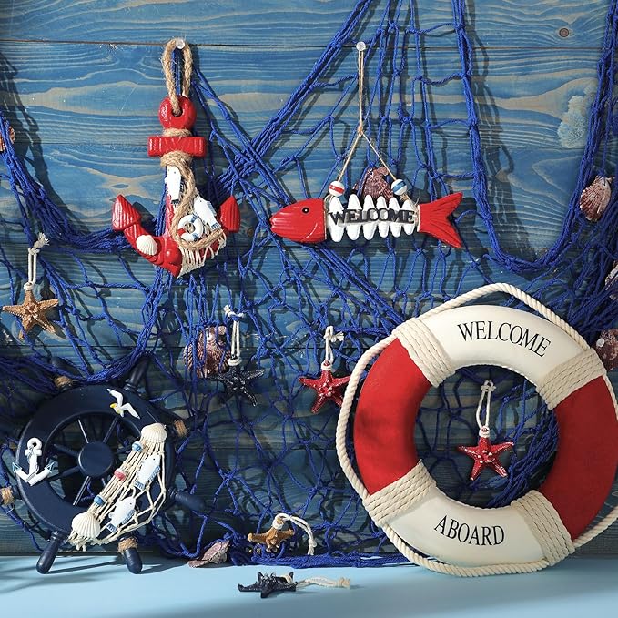 Marsui 11 Pcs Wooden Nautical Wall Decor Fishing Net Decoration, Include Decorative Fishing Net, Ship wheel, Fish Skeleton, Life Ring, Anchor, Starfish Beach Decor for Mediterranean Party (Retro Red)