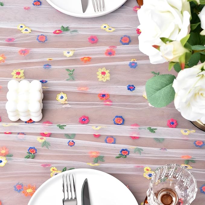Joanlody Ivory Embroidery Daisy Fall Thanksgiving Table Runner 10ft Florals Seasonal Tulle Table Runner Holiday Kitchen Dining Table Decoration for Home Party Indoor