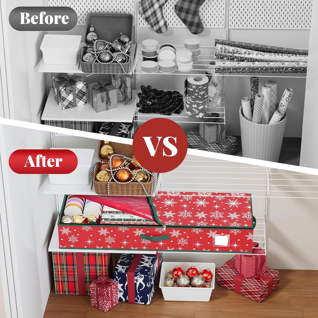 StorageRight Wrapping Paper Organizer Storage Container, Christmas Gift Wrapping Paper Storage Box for Paper Ornaments，Paper Storage Holder for Holiday Decoration Snowflake/Red