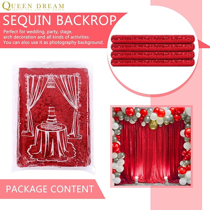 Red Sequin Backdrop 4 Panels 2FTx8FT Christmas Party Backdrop Curtains Photo Background Drapes Glitter Birthday Bridal Backdrop Drapes