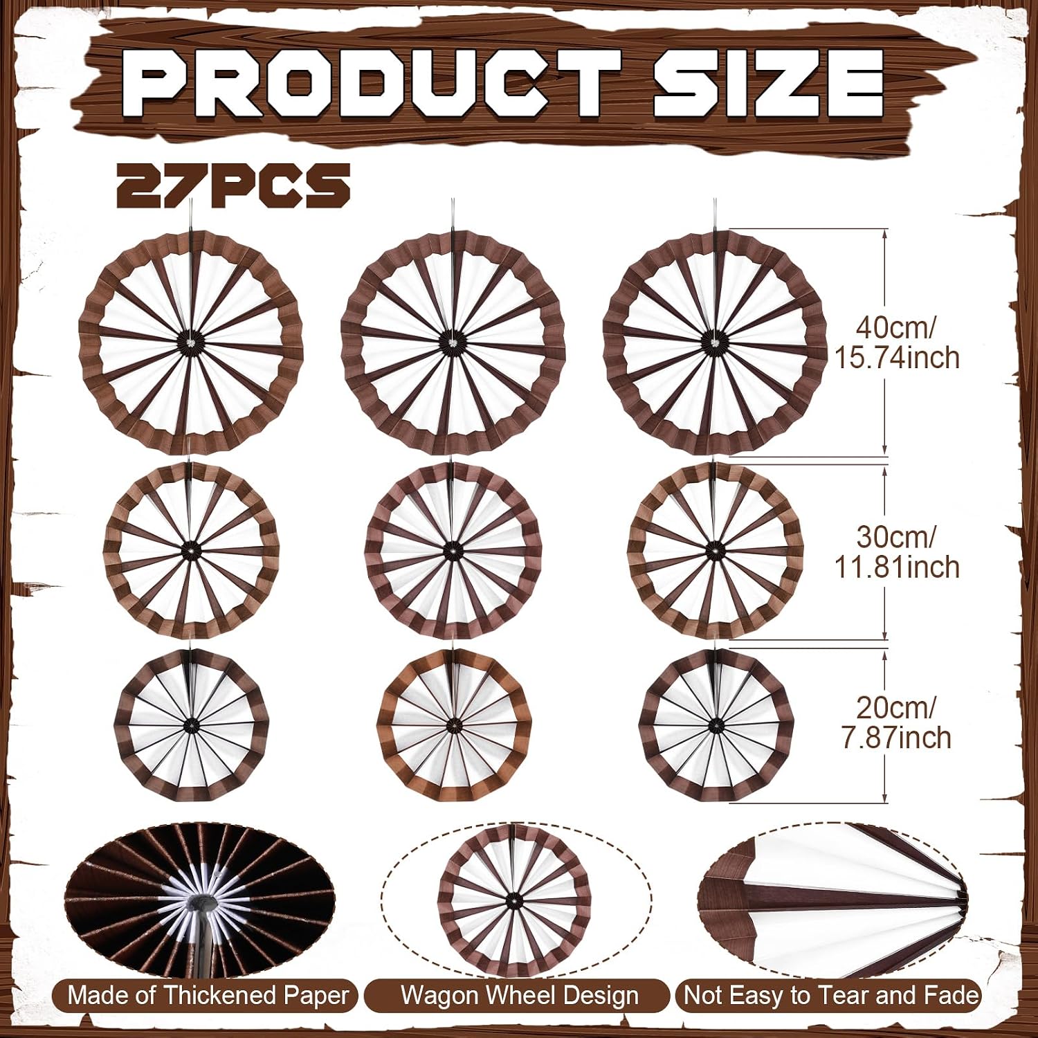 Outus 9 Pcs Western Cowboy Party Decorations Paper Fans Wagon Wheels Straw Hay Bales Hanging Ceiling Wall Decor for Country Western Themed Rodeo Farm Birthday Party Supplies (Wagon Wheels)
