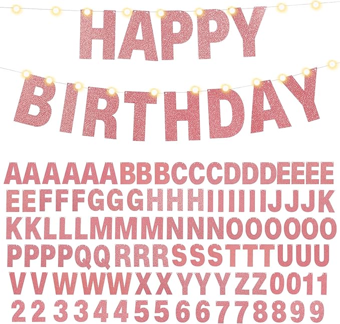 TaoBary 112 Pcs DIY Letter Kit Glitter Customizable Banner Letters Include 107 Letters and Numbers 3 Rope and 2 Needles for Birthday Halloween Christmas Wedding Valentine Party Decor(Rose Gold)