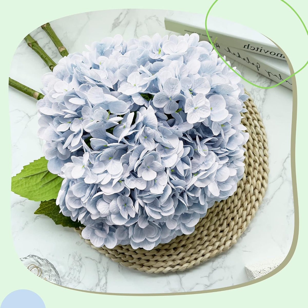 yatim 21in blue artificial hydrangea flowers with stems, side view