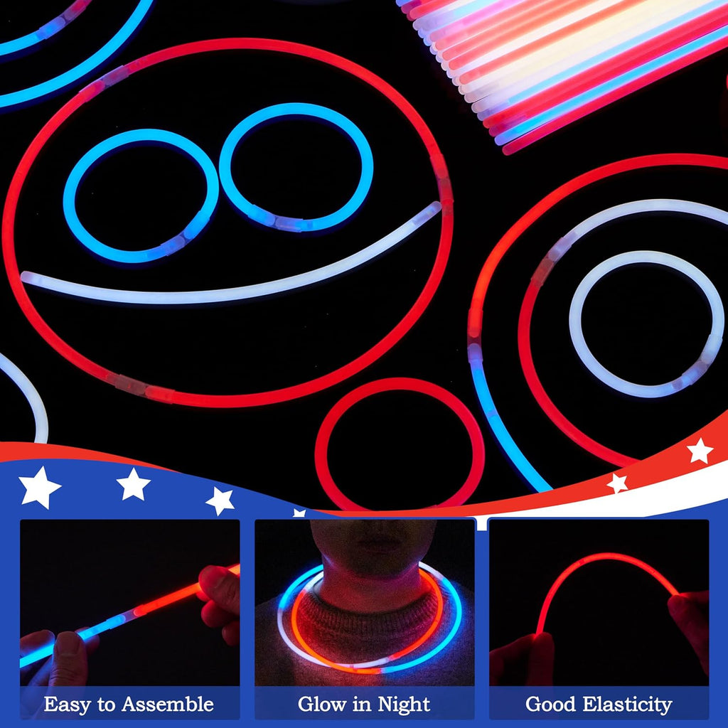 JOYIN 72 Pcs 4th of July Glow Sticks with connectors, Red White Blue Glow in the Dark Bracelets for Kids Adults, Patriotic LED Light Up Toys for Independence Day, Memorial Day, Party Favors