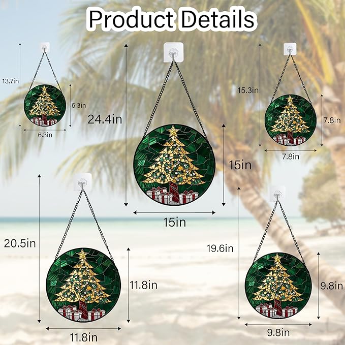 Stained Glass Window Hanging -Gold Green Christmas Tree Suncatcher for Doors Home Christmas Decoration Winter Sun Catcher Thanksgiving New Year Birthday Gifts for Women Men Mom Nana 15 in
