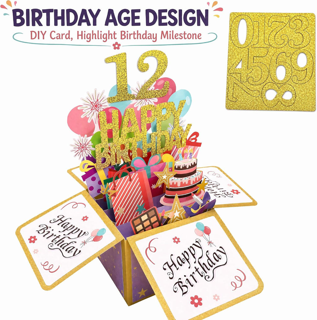 ROBBEAR Happy Birthday Pop Up Card with Birthday Age Design, DIY Card Highlight Birthday Milestone, 3D Birthday Gift Box for Adults and Kids with Envelopes, A Unique Card for Daughter, Son, Mom, Dad, Friend