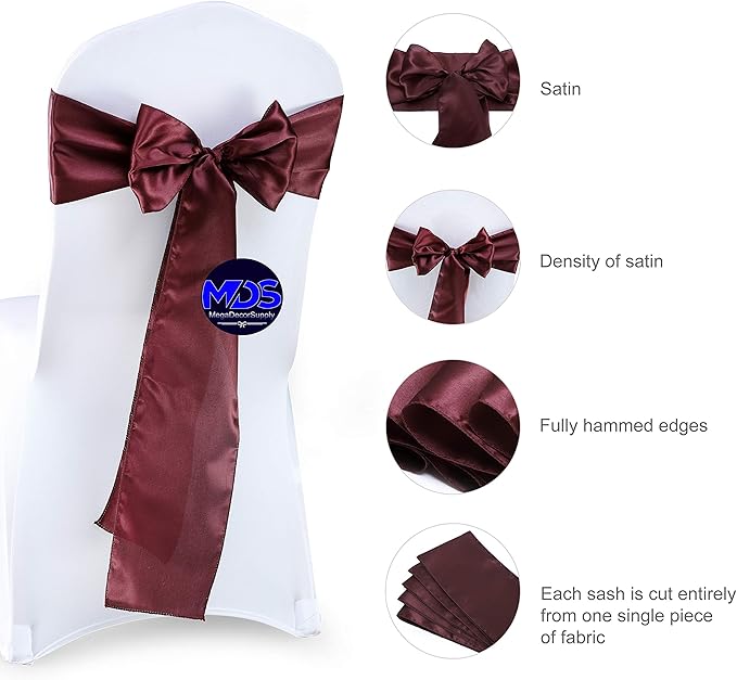 MDS Pack of 25 PCS Satin Chair Sashes Charmeuse Sateen Dining Chair Bows Ribbon Ties Back Sash for Wedding Party Birthday Home Hotel Restaurant Banquet Decoration (7 x 108 Inch, Burgundy)