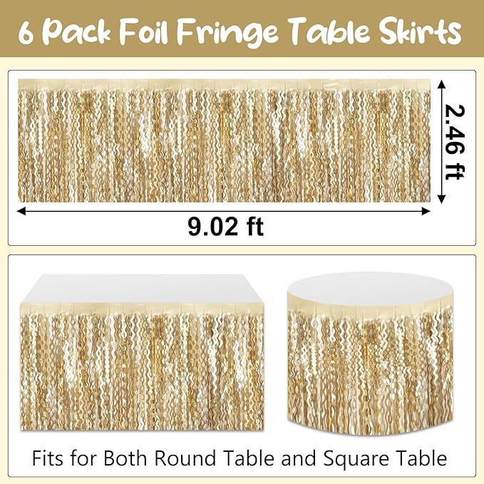 6 Pack 29 x108 Inch Champagne Gold Wave Foil Fringe Table Skirts Metallic Banner for Tinsel Streamer Garland Backdrop for Parade Floats, Mother's Day, Easter, Wedding, Birthday Party Decoration