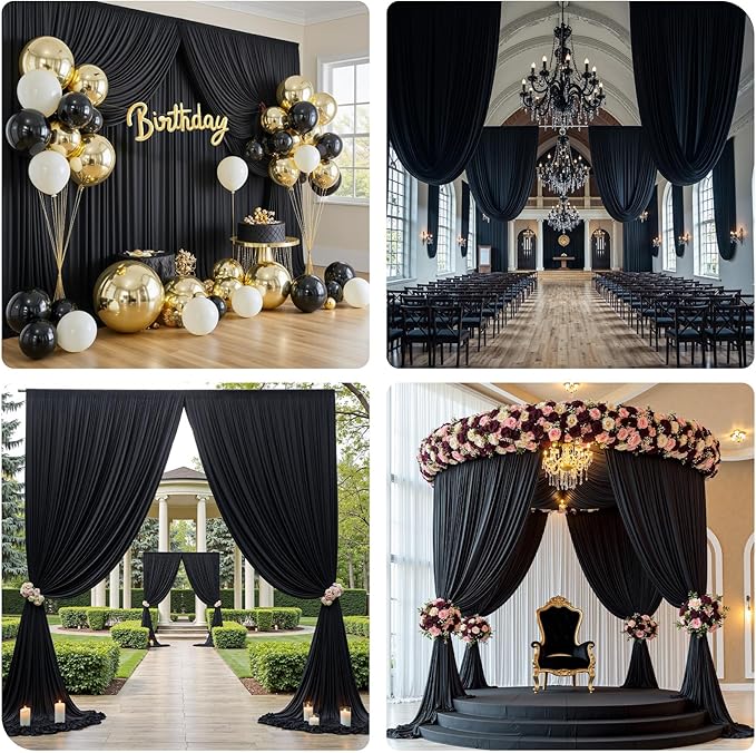 PartyVillage 50ft×15ft Black Backdrop Curtain for Halloween Parties, 10 Panels Wrinkle Free 15 FT Long Polyester Photo Backdrop Drapes Back Drop Cloth for Birthday Photography Background