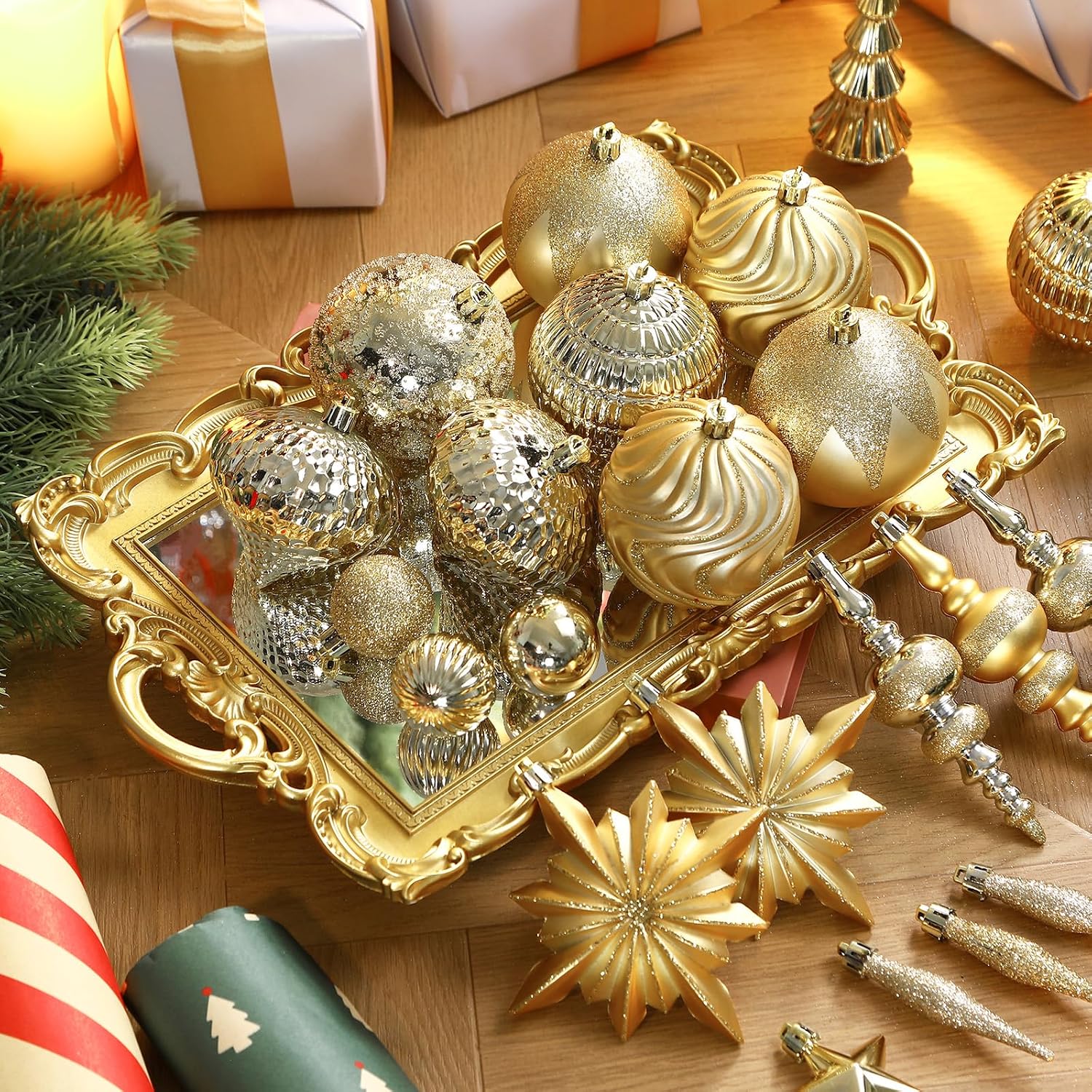 SHareconn 80pcs Christmas Balls Ornaments Set, Contemporary Light Luxury Gift Set, Shatterproof Plastic Decor for Xmas Tree Holiday Wedding Party Decorations with Hanging Strings, Dark and Light Gold