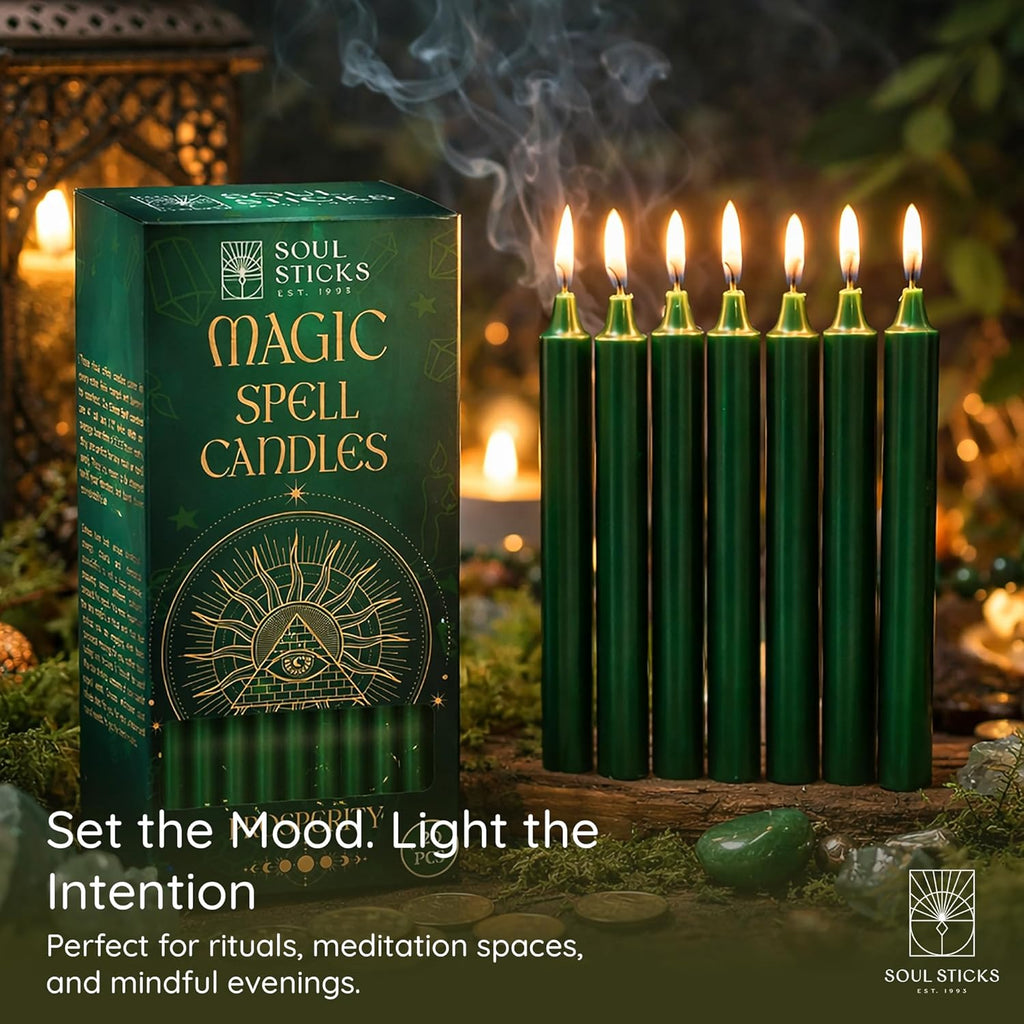 SOUL STICKS Prosperity Magic Spell Chime Taper Candles 20 Pack - Ideal for Altar, Rituals, Ceremonies, Meditation Green Unscented Candle Sticks for Witchcraft Supplies, Wiccan Supplies and Tools
