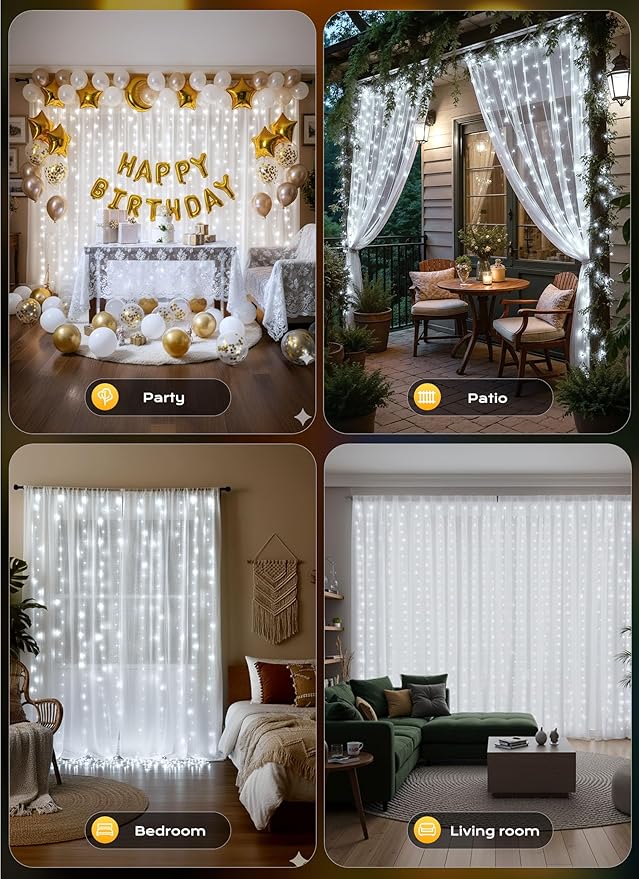 Brightown Curtain String Lights, Hanging Fairy Lights with Remote, 8 Modes, Waterproof Window Lights for Bedroom Backdrop Wedding Outdoor Christmas Party, White, 300LEDs