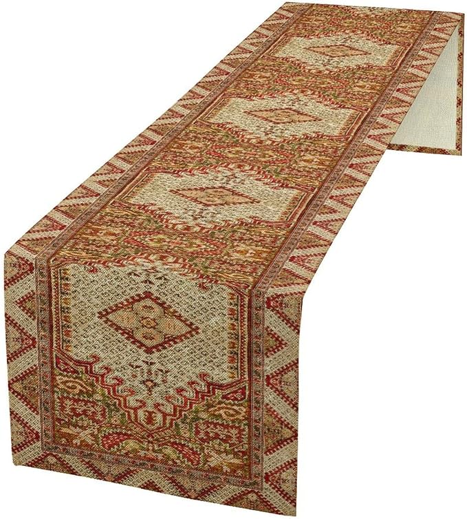 Boho Bohemia Style Orange Table Runner, Country Rustic Farmhouse Magical Abstract Print Pattern for Home Kitchen Table Decor Dining Coffee Room Garden Party Decor 13x72in