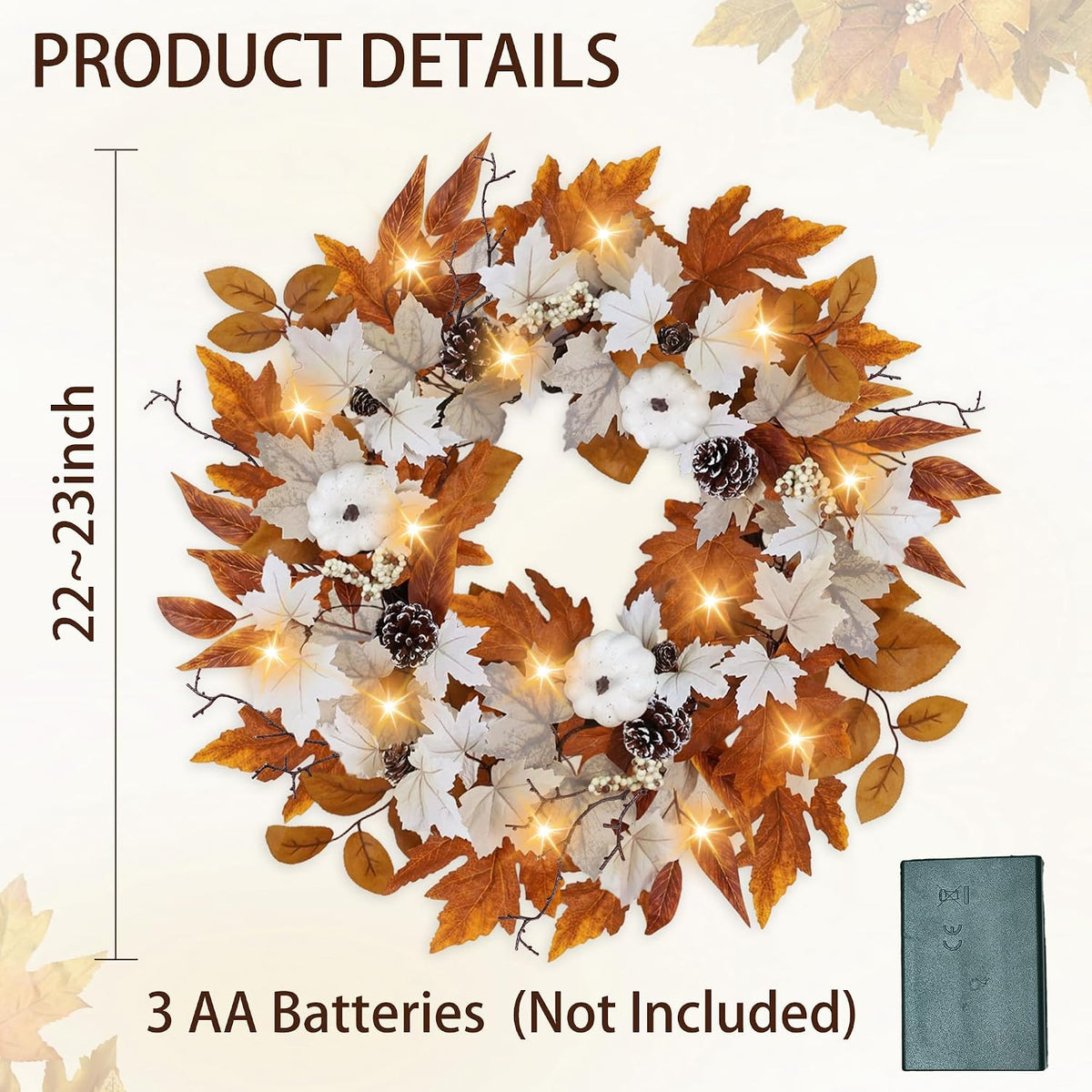 Fall Wreaths for Front Door Outside Autumn Wreath with Lights Berries Pine Co...