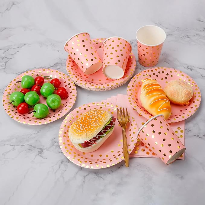 Sveikie160 Pcs Pink And Gold Paper Plates, Birthday Cake Party Plates And Napkins, Wedding Disposable Utensils For Birthday Graduation Wedding And Holiday Celebrations Serves 40 (Pink)