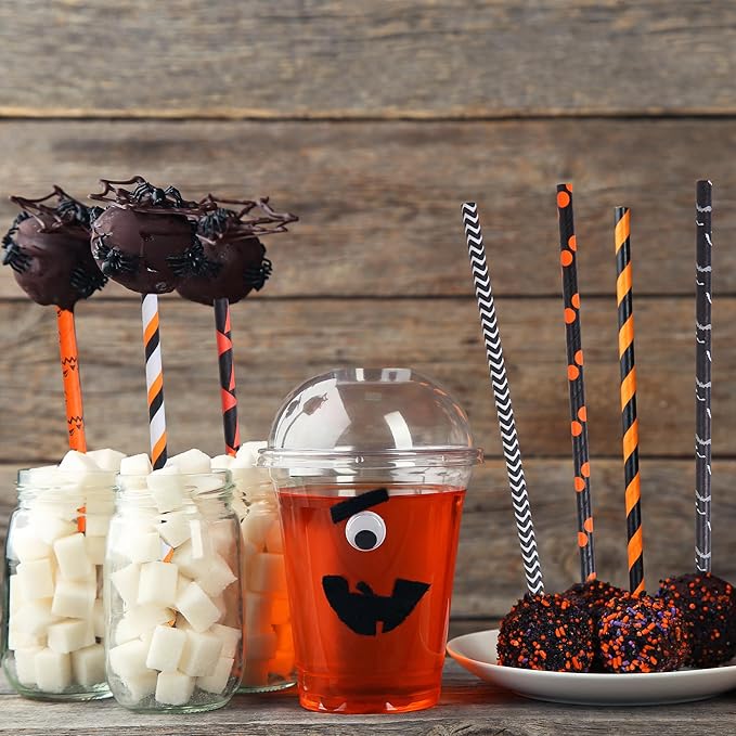 Cooraby 200 Pieces Halloween Paper Straws Biodegradable Drinking Stripe Bicolor Stripe Dot Straw Mix for Wedding Supplies and Party Favors, 8 Styles (Black and Orange)