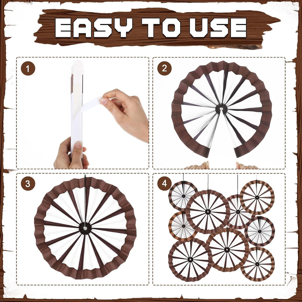 Outus 9 Pcs Western Cowboy Party Decorations Paper Fans Wagon Wheels Straw Hay Bales Hanging Ceiling Wall Decor for Country Western Themed Rodeo Farm Birthday Party Supplies (Wagon Wheels)